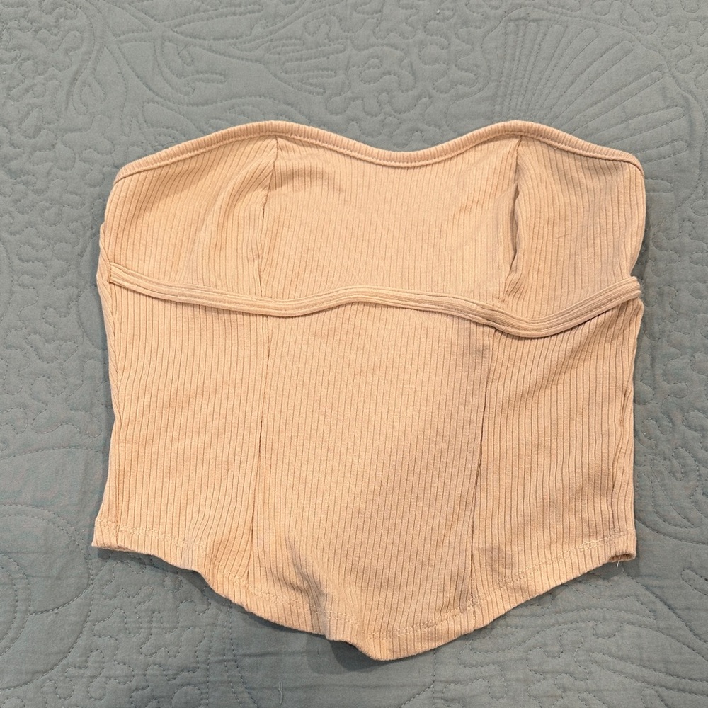 Beige Ribbed Strapless Top